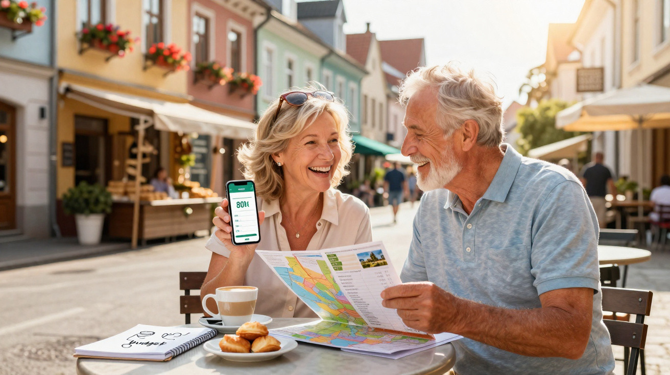 Casal sénior sorridente a planear viagem com mapa e telemóvel numa esplanada florida de cidade pequena.