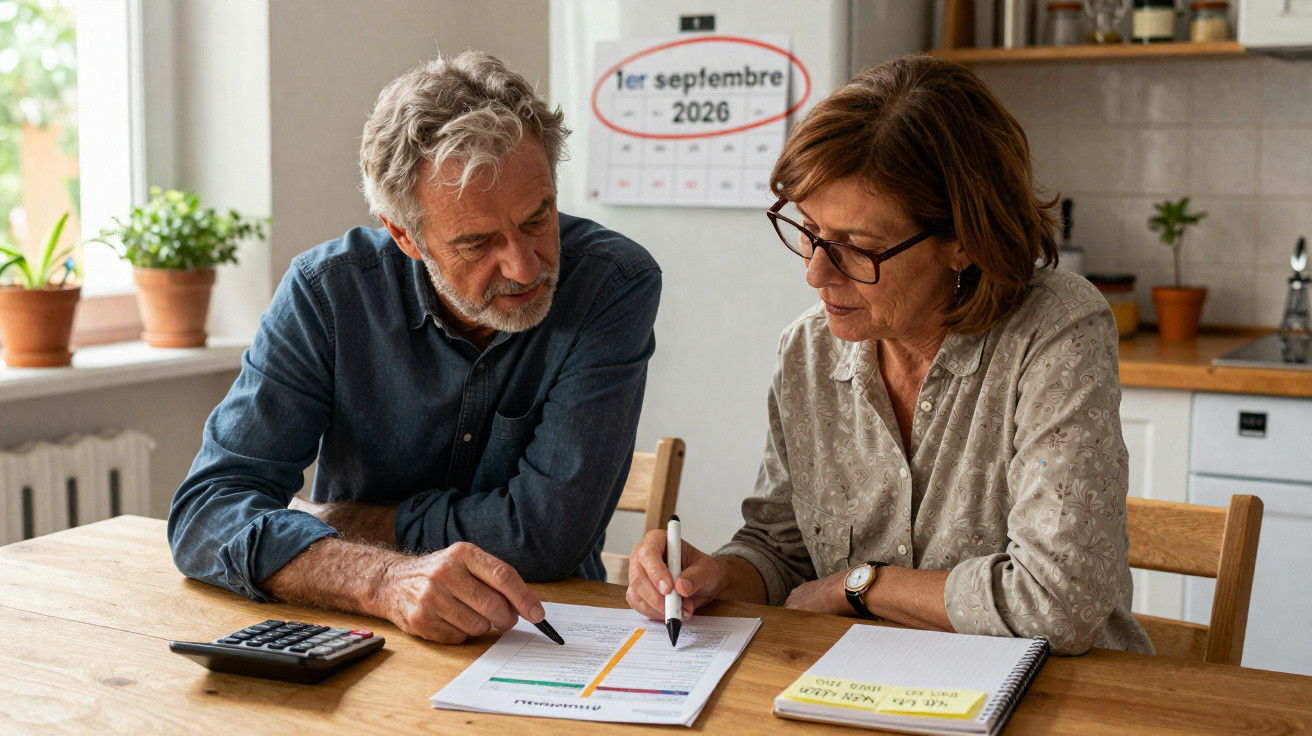 Casal sénior sentado à mesa a analisar documentos com calendário de setembro de 2026 ao fundo.