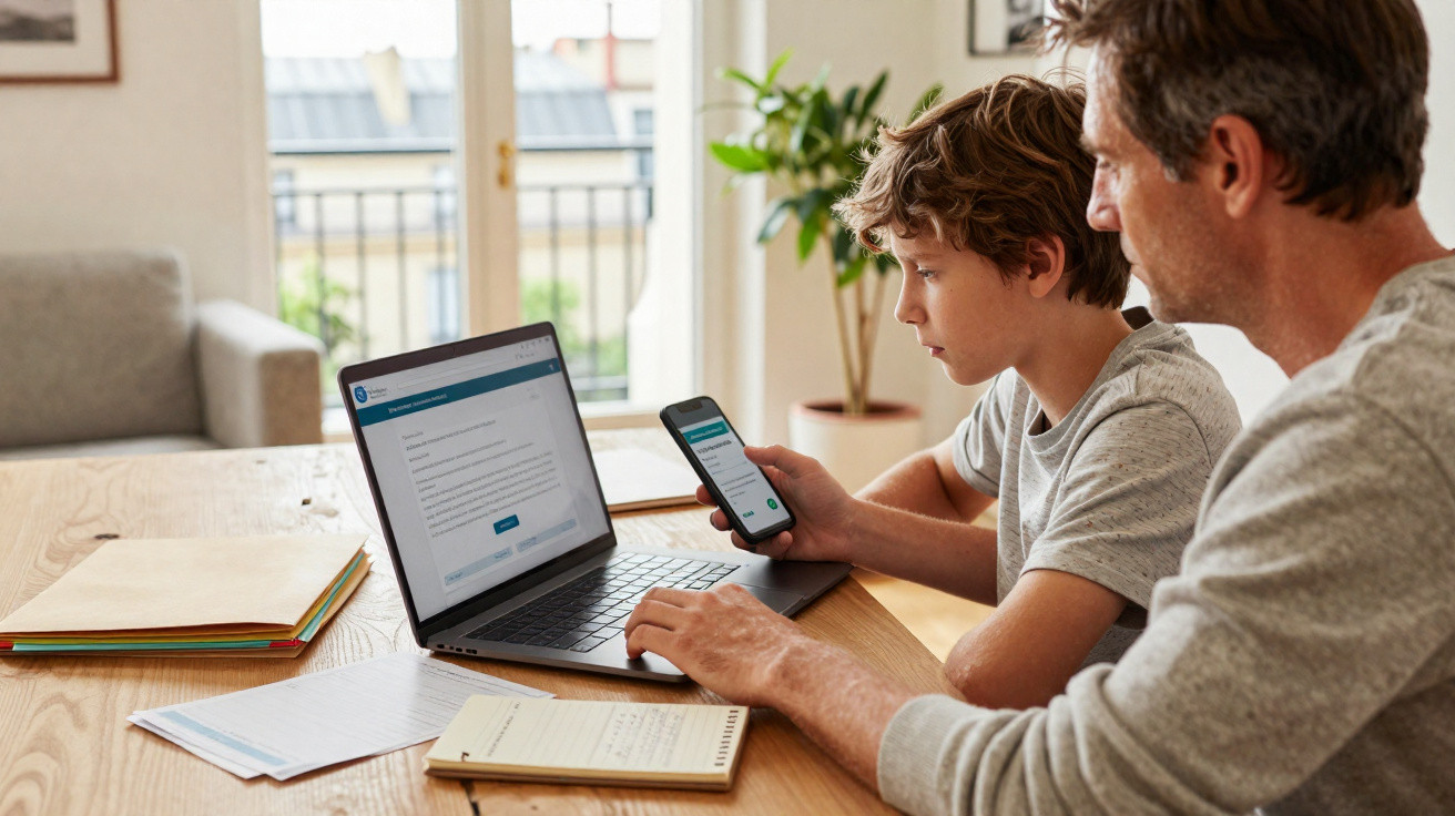 Pai e filho juntos a usar computador portátil e telemóvel numa mesa de madeira em casa.