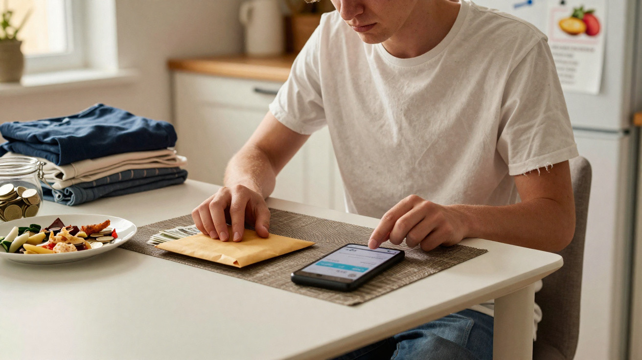 Homem sentado à mesa, a usar smartphone e a segurar envelope enquanto faz refeições e roupa dobrada ao lado.