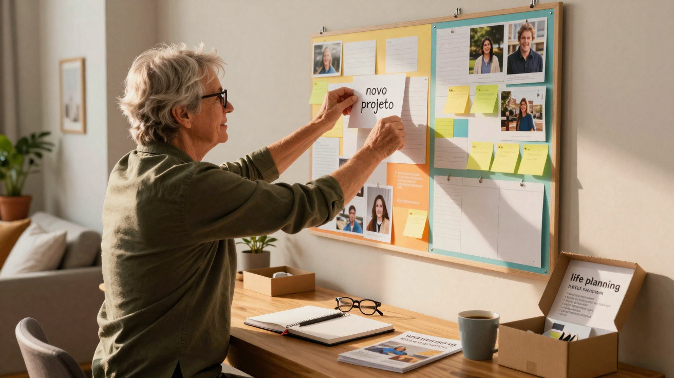 Mulher sénior a colocar nota "novo projeto" num quadro de organização com fotos e post-its num escritório.