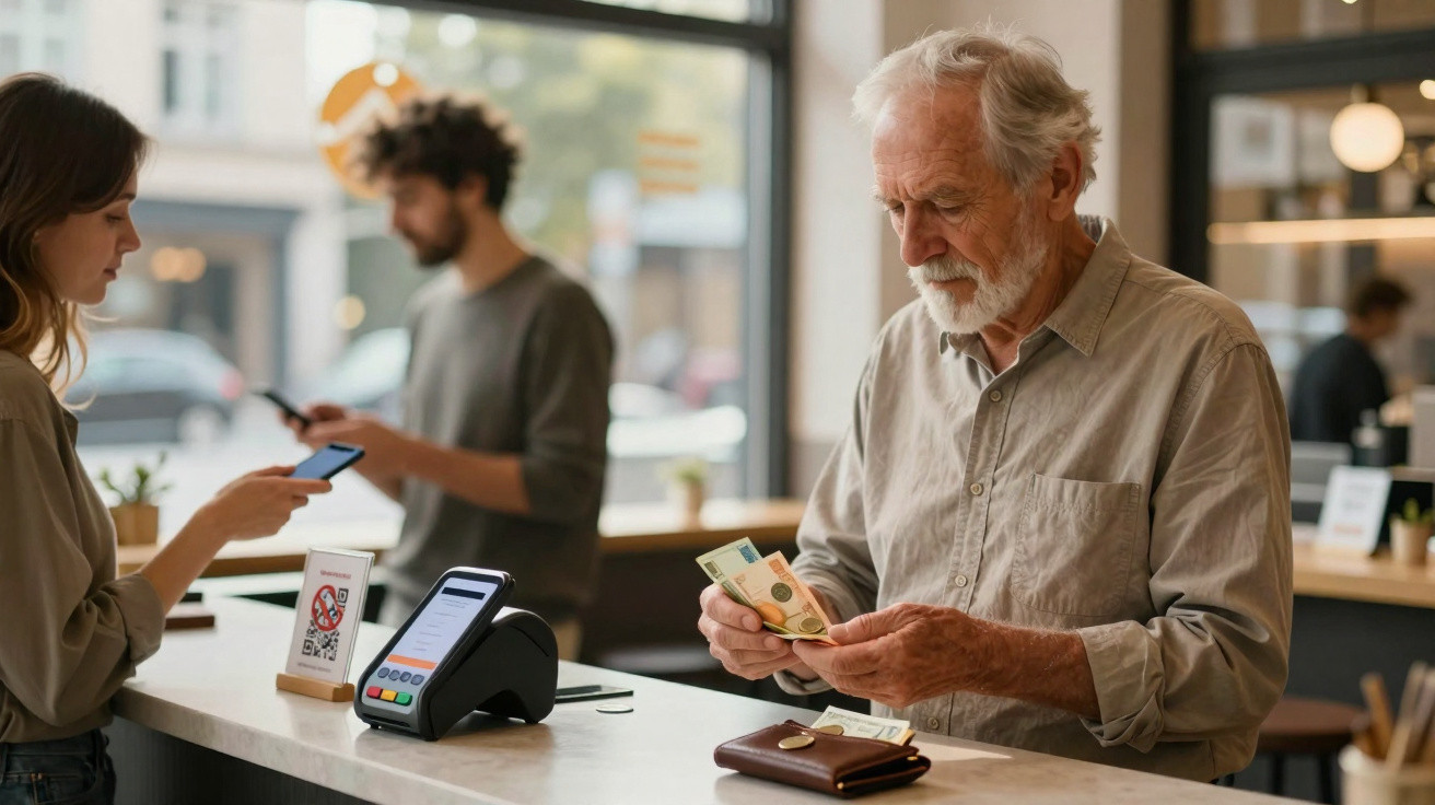 Idoso a contar dinheiro num café enquanto jovem com cartão prepara pagamento contactless.