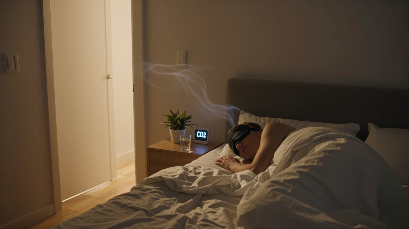 Pessoa a dormir com máscara num quarto escuro, com despertador e planta numa mesa à noite.