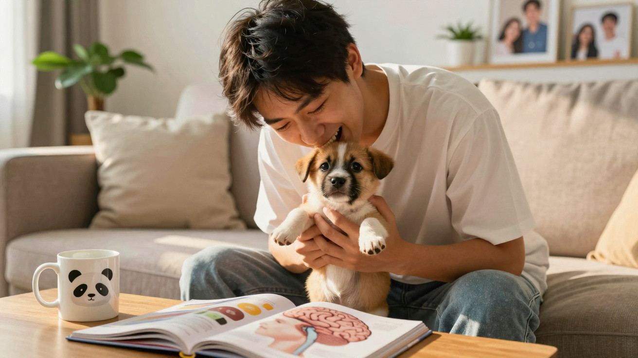 Homem sorridente segura um cãozinho enquanto lê livro sobre cérebro sentados numa sala acolhedora.