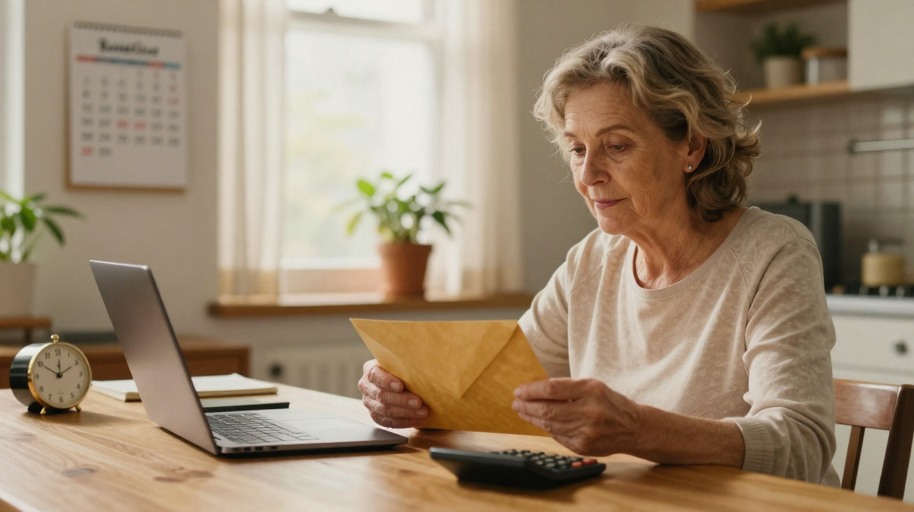 Mulher idosa sentada à mesa a ler uma carta, com computador portátil e calculadora à frente em casa.