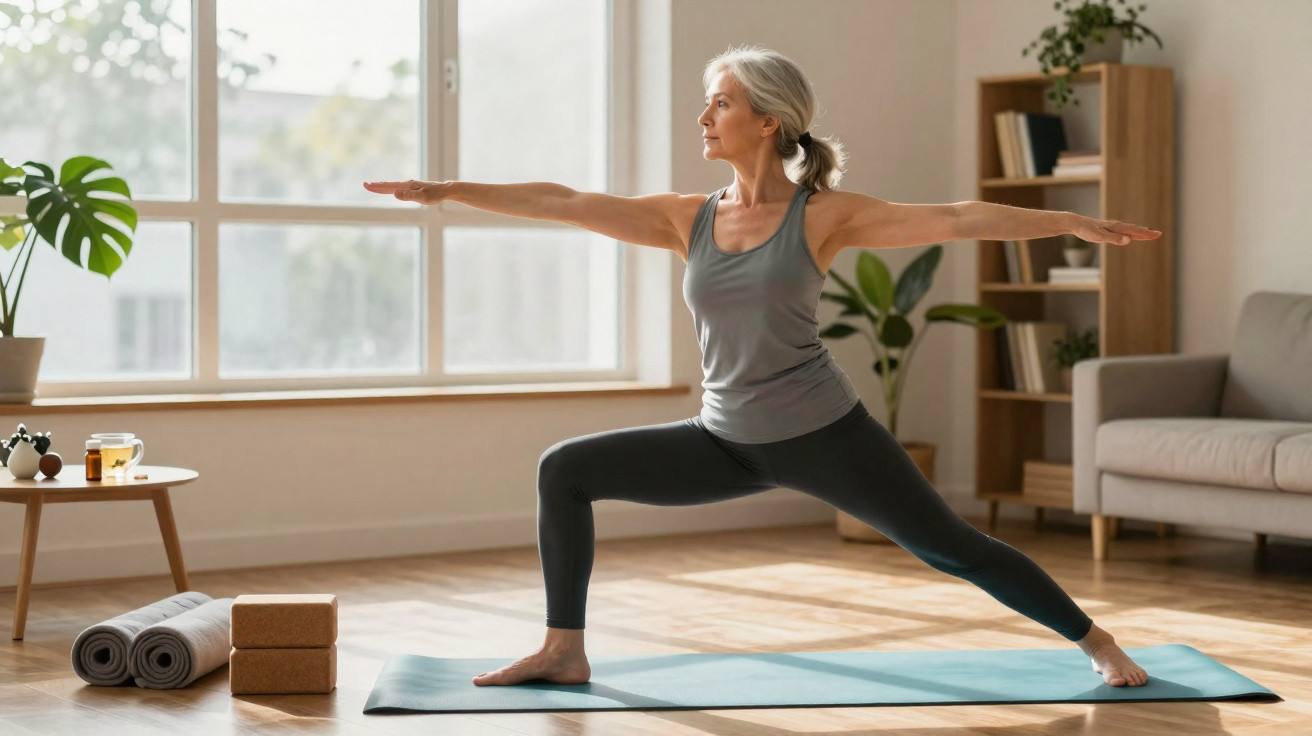 Mulher idosa a praticar yoga na posição guerreiro numa sala bem iluminada com plantas e chão de madeira.