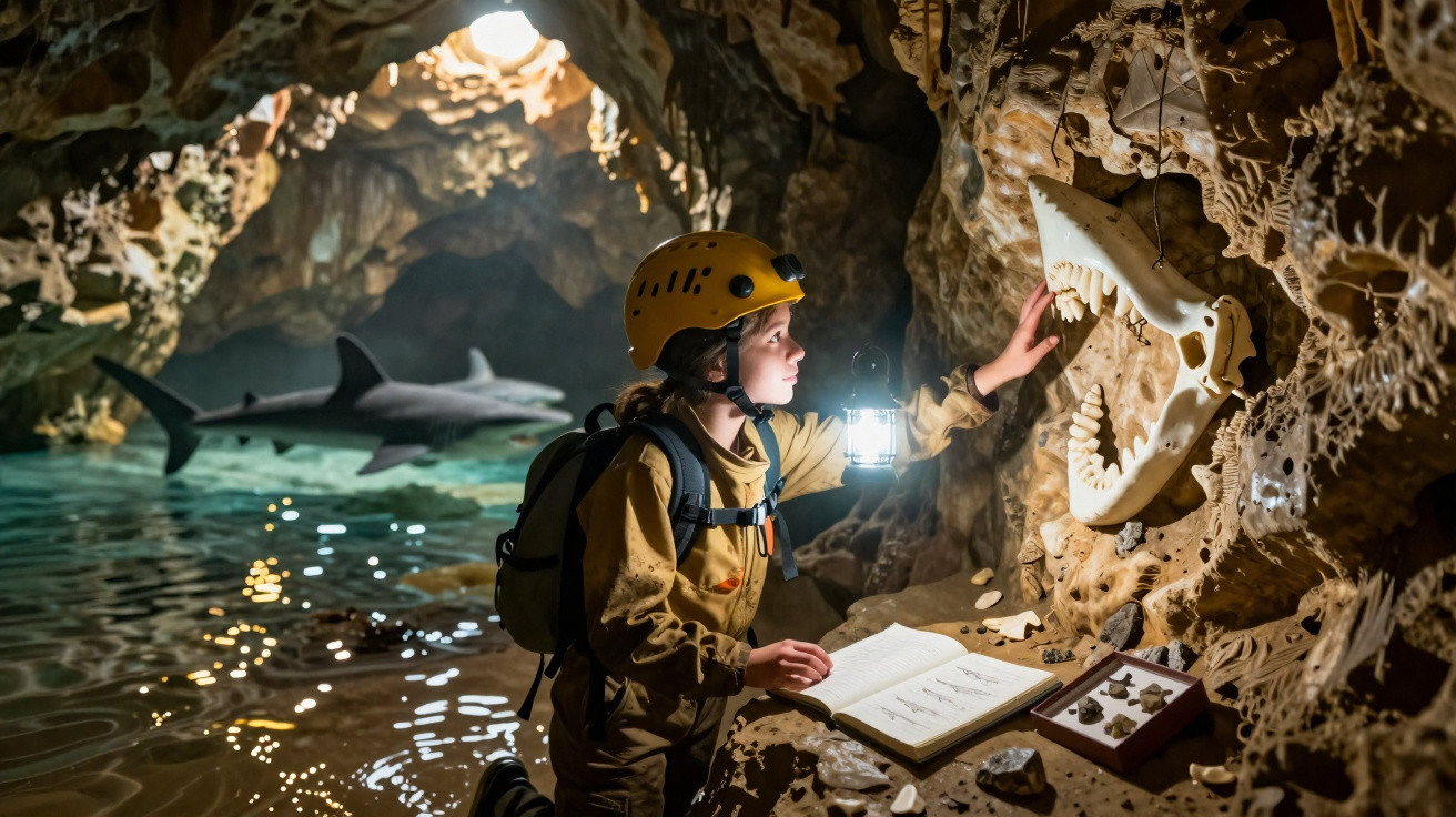 Exploradora jovem com capacete e lanterna examina fósseis numa caverna subaquática com tubarões ao fundo.