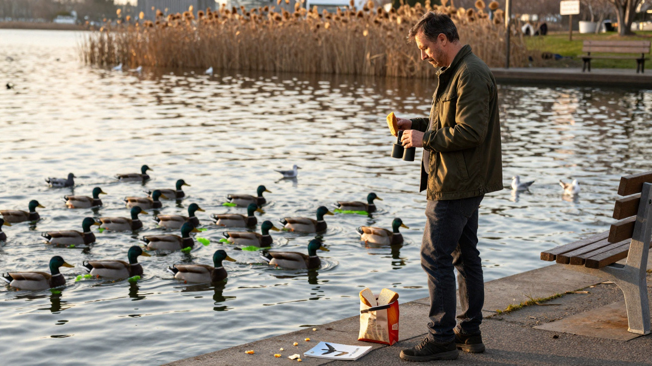 Homem com binóculos alimenta patos num lago ao pôr do sol junto a um banco de madeira.