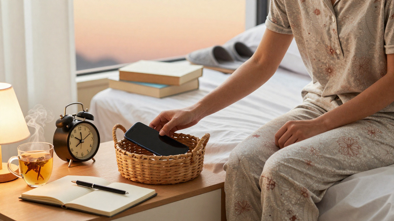 Pessoa sentada a guardar telemóvel numa cesta na mesa de cabeceira, com chá, despertador e livro aberto.