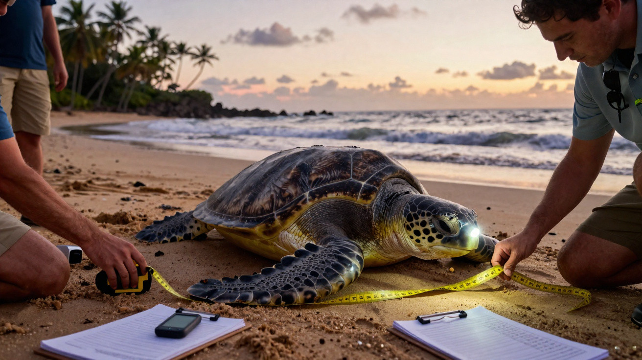Cientista mede uma tartaruga marinha na praia ao pôr do sol com notas e equipamento ao lado.