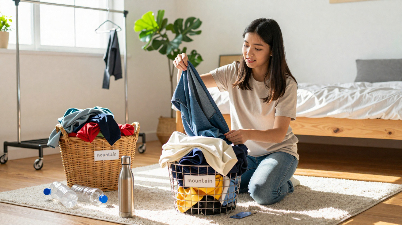 Mulher a organizar roupa em cestos no quarto com cestos rotulados e garrafas de água à frente.