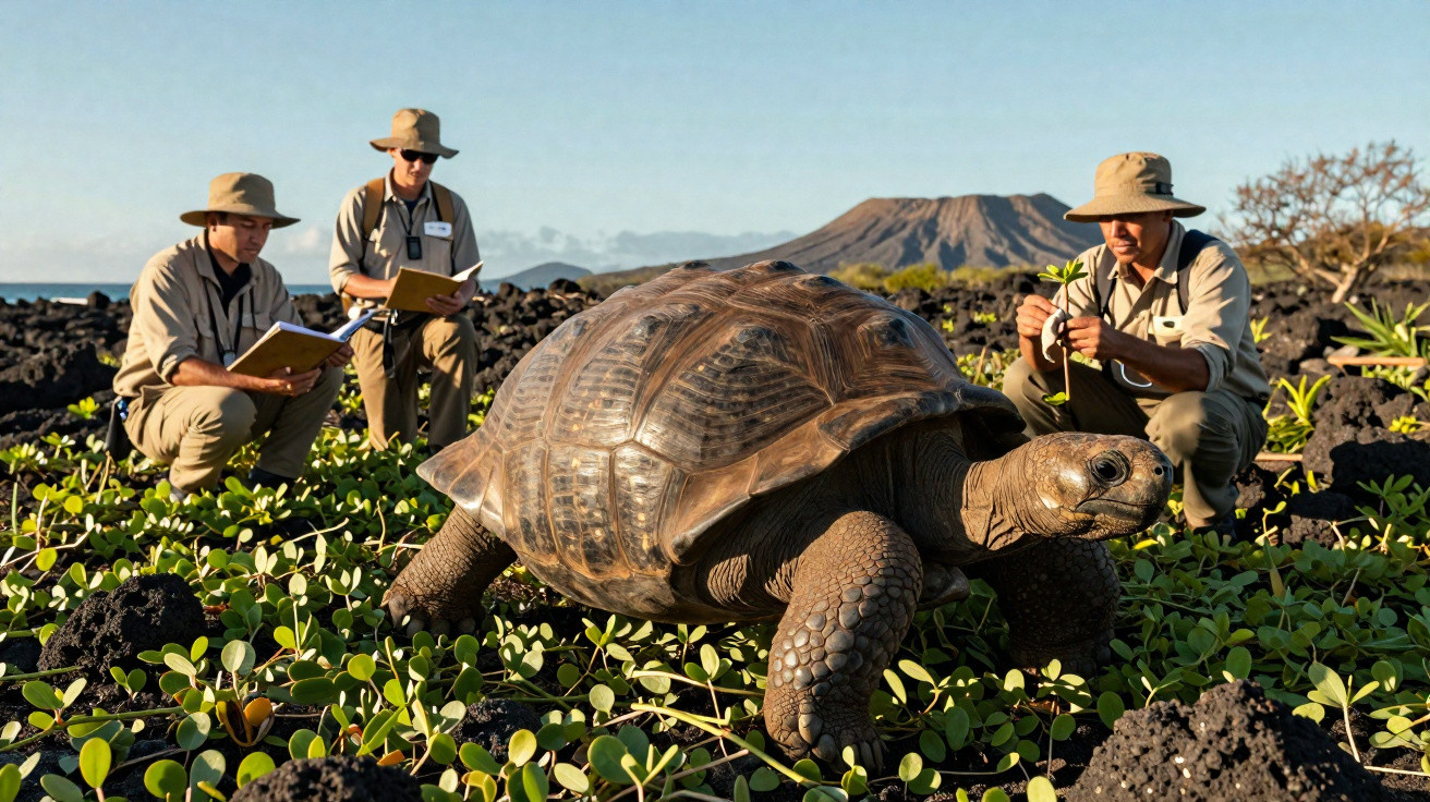 Dois biólogos observam e estudam uma tartaruga gigante em vegetação rasteira junto a rochas vulcânicas.