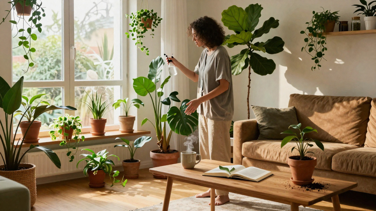 Pessoa a regar plantas em vasos num espaço interior luminoso com sofá e mesa de madeira.
