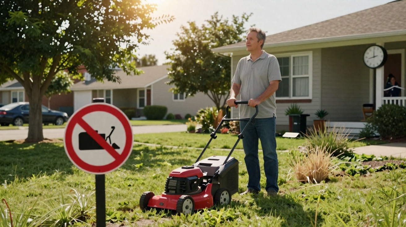 Homem a cortar relva num jardim com placa de proibição de cortador de relva no primeiro plano.