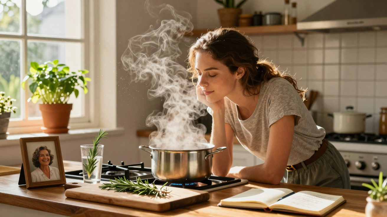 Mulher cheira vapor de panela na cozinha, com ervas frescas e livro aberto numa bancada de madeira.
