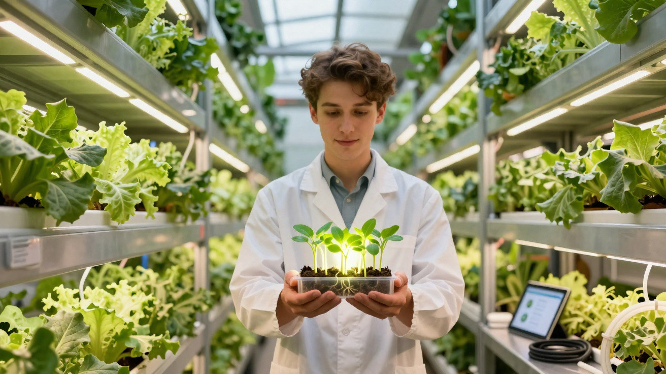 Jovem cientista em estufa segura bandeja com plantas crescendo sob luzes LED.