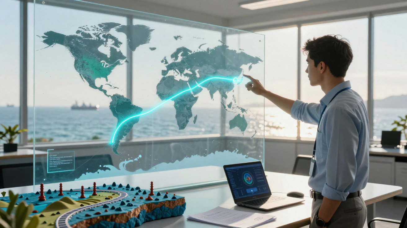 Homem a interagir com mapa digital 3D de mundo em escritório com vista para o mar ao pôr do sol.