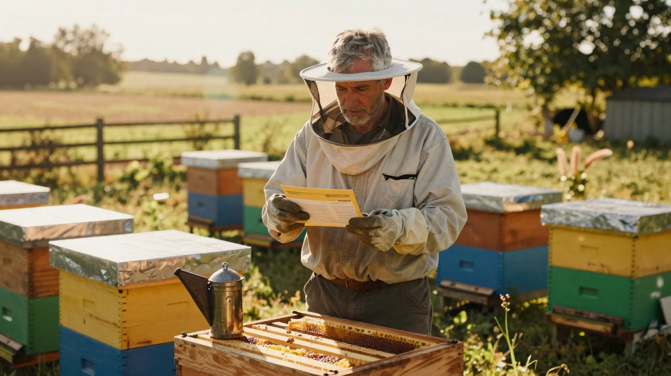 Apicultor com roupa de proteção a ler instruções ao lado de colmeias coloridas num campo ensolarado.