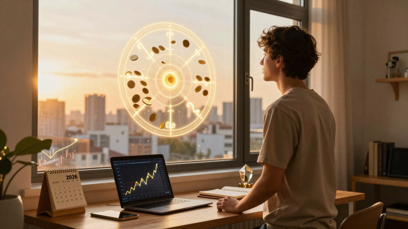Jovem observa holograma com símbolos astrológicos numa janela, em ambiente de trabalho com laptop e calendário.