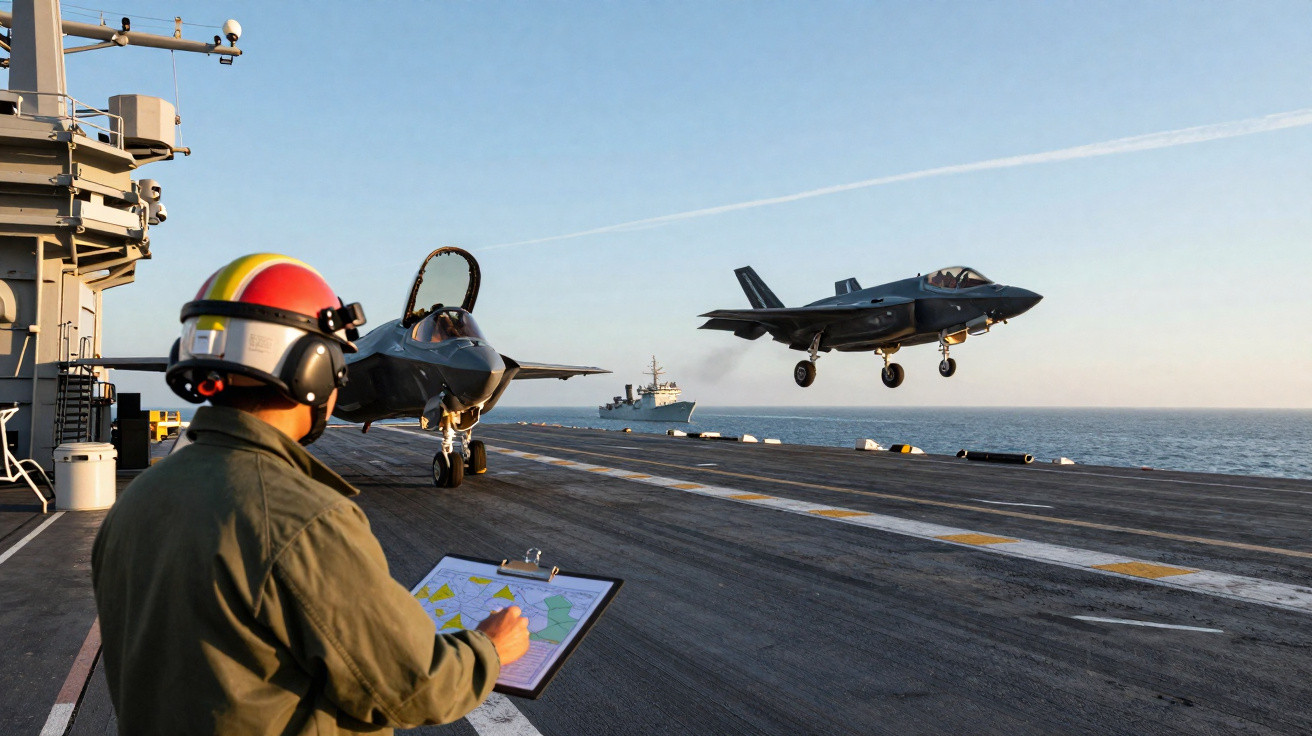 Homem com capacete observa aviões F-35 numa pista de porta-aviões no mar durante o dia.