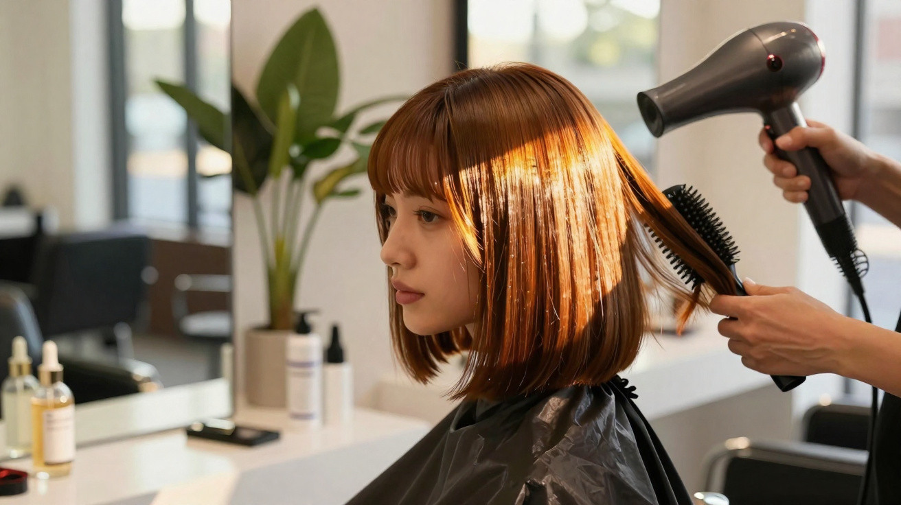 Mulher com cabelo curto a ser seca com secador e escova num salão de cabeleireiro moderno.