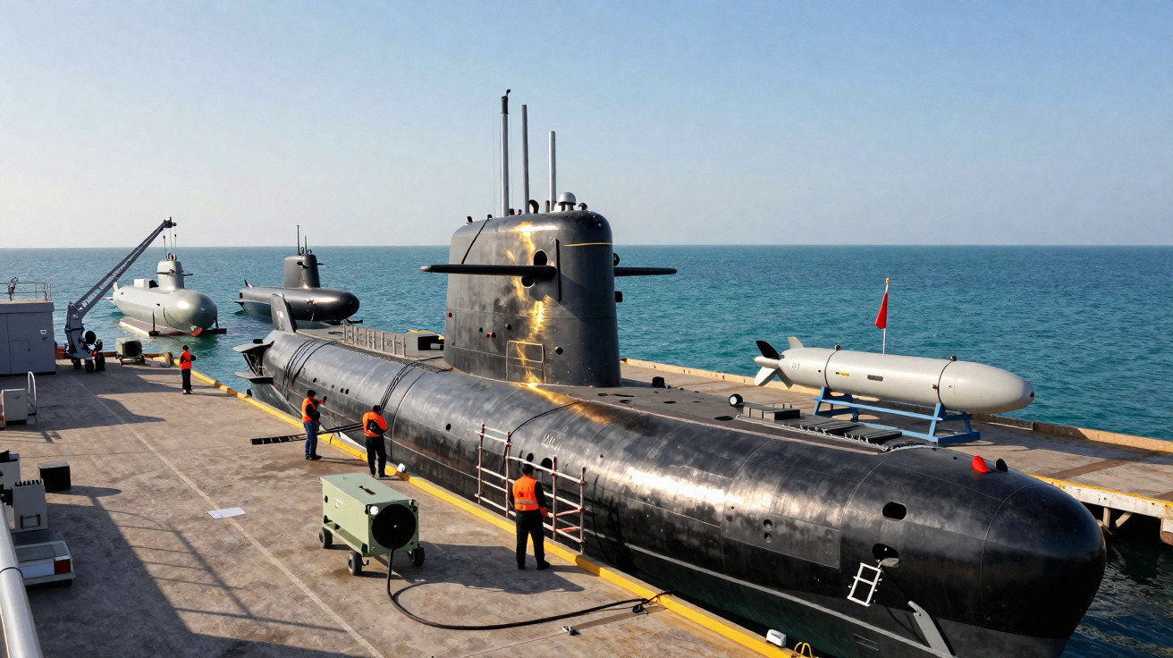 Submarino negro atracado num porto com três homens de uniforme laranja e mar ao fundo.
