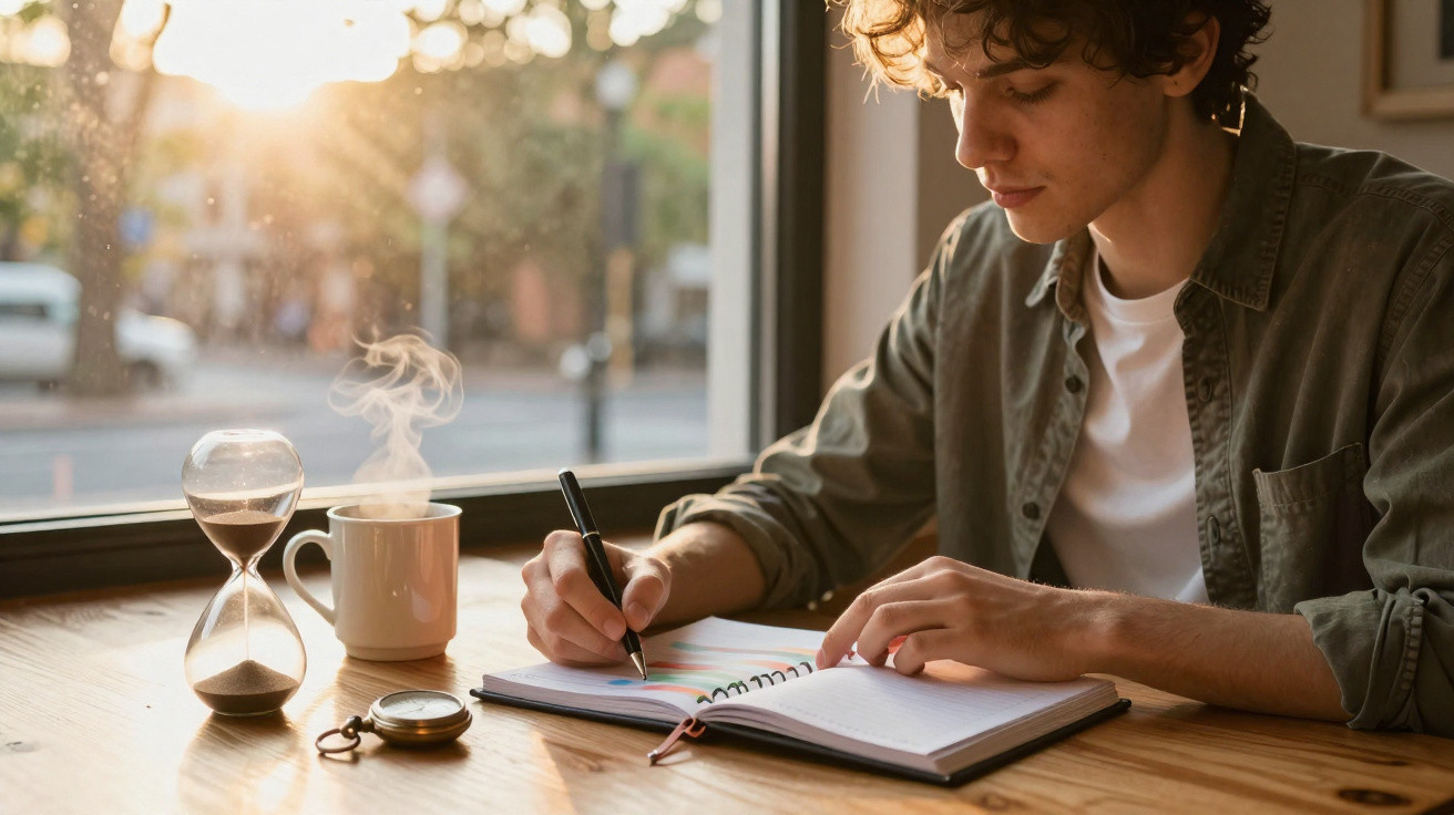 Jovem a escrever num caderno numa mesa com ampulheta, bússola e chá quente num ambiente iluminado pelo sol.