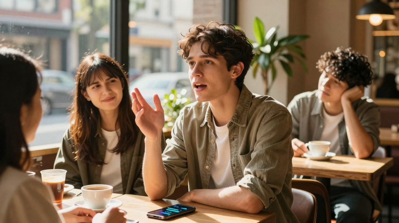 Quatro jovens sentados num café, três deles prestam atenção ao que um rapaz está a dizer.