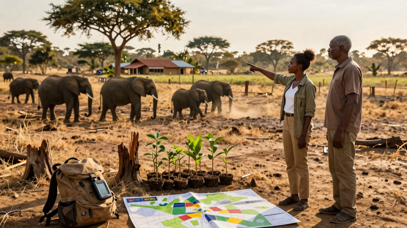 Duas pessoas apontam para elefantes numa savana, com mapa, mochila e plantas ao chão.