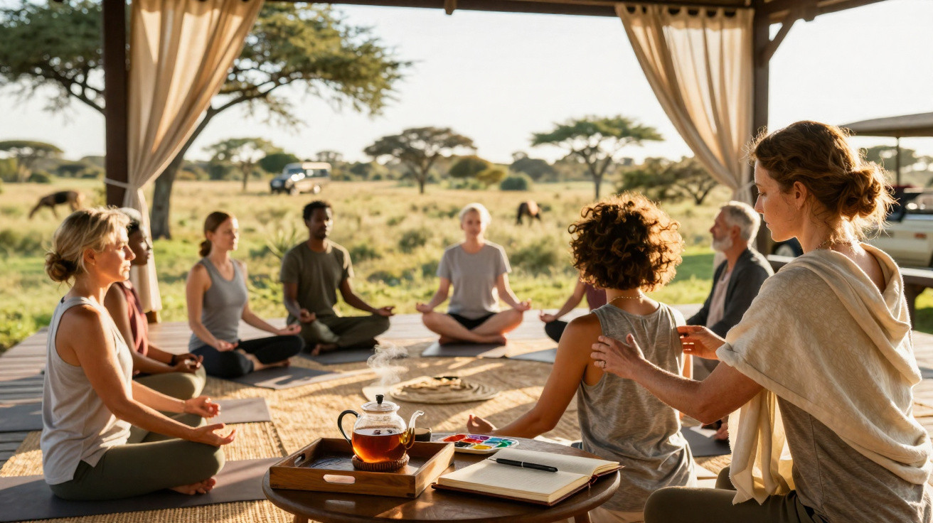 Grupo de pessoas sentadas em círculo a meditar numa varanda com vista para a natureza e uma mesa com chá e caderneta.