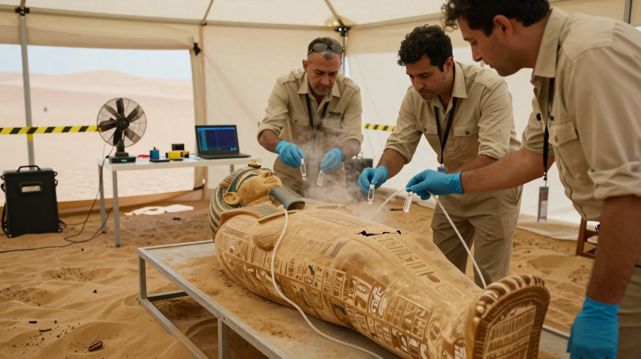 Três arqueólogos trabalham com equipamento ao redor de um sarcófago no deserto dentro de uma tenda.