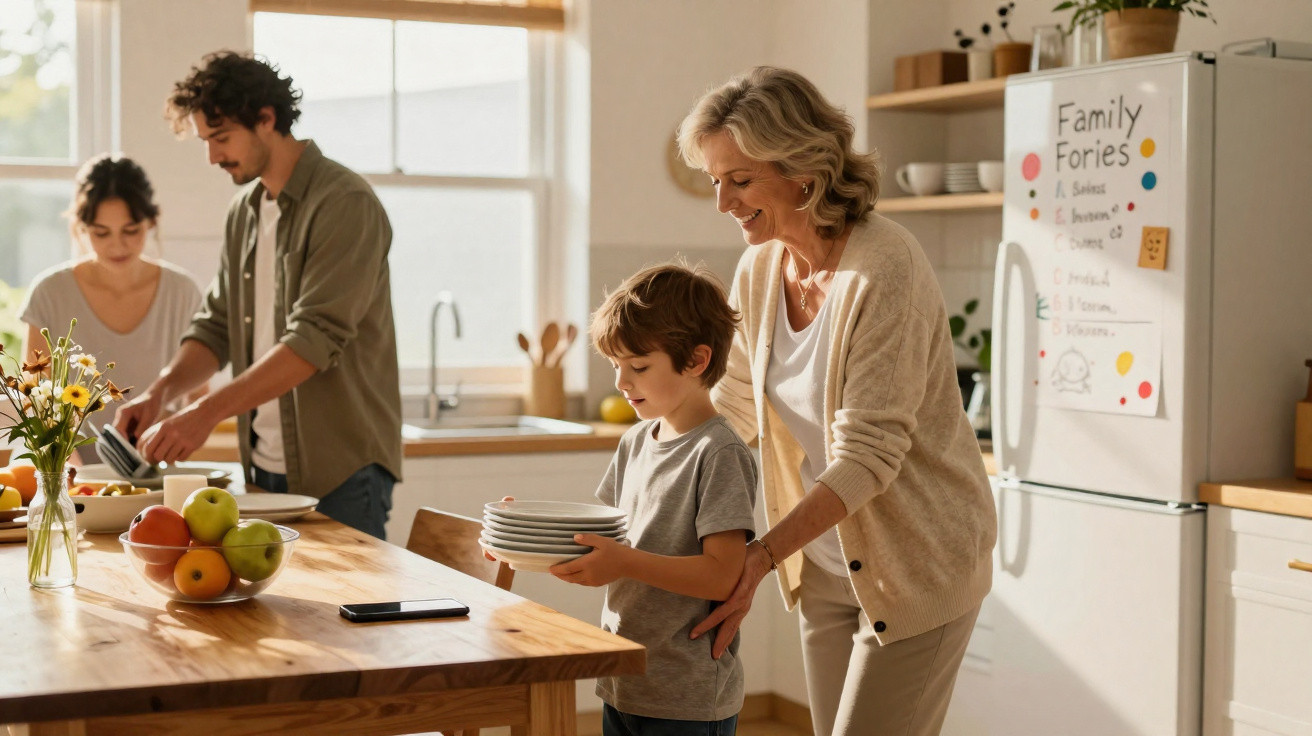 Família arruma pratos na cozinha luminosa e moderna durante a preparação da refeição.