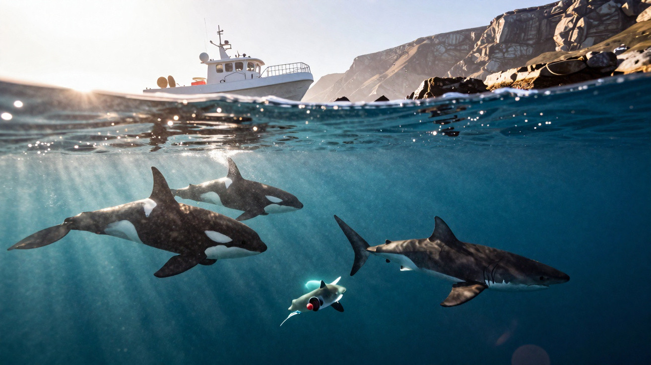 Orca e tubarões nadam abaixo de um barco num mar costeiro com montanhas ao fundo, imagem dividida pela superfície da água.