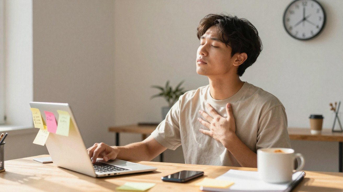 Jovem sentado a trabalhar no computador, com a mão na garganta, aparentando desconforto ou dor.