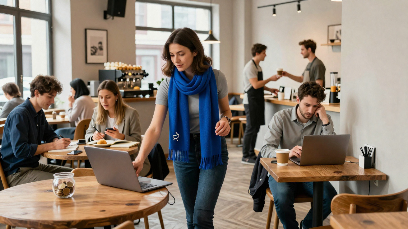 Pessoas a trabalhar e socializar num café moderno, com computadores, cadernos e bebidas.