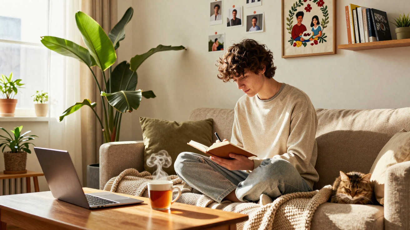 Jovem sentado no sofá a escrever num caderno, com laptop, chá e gato ao lado numa sala iluminada.
