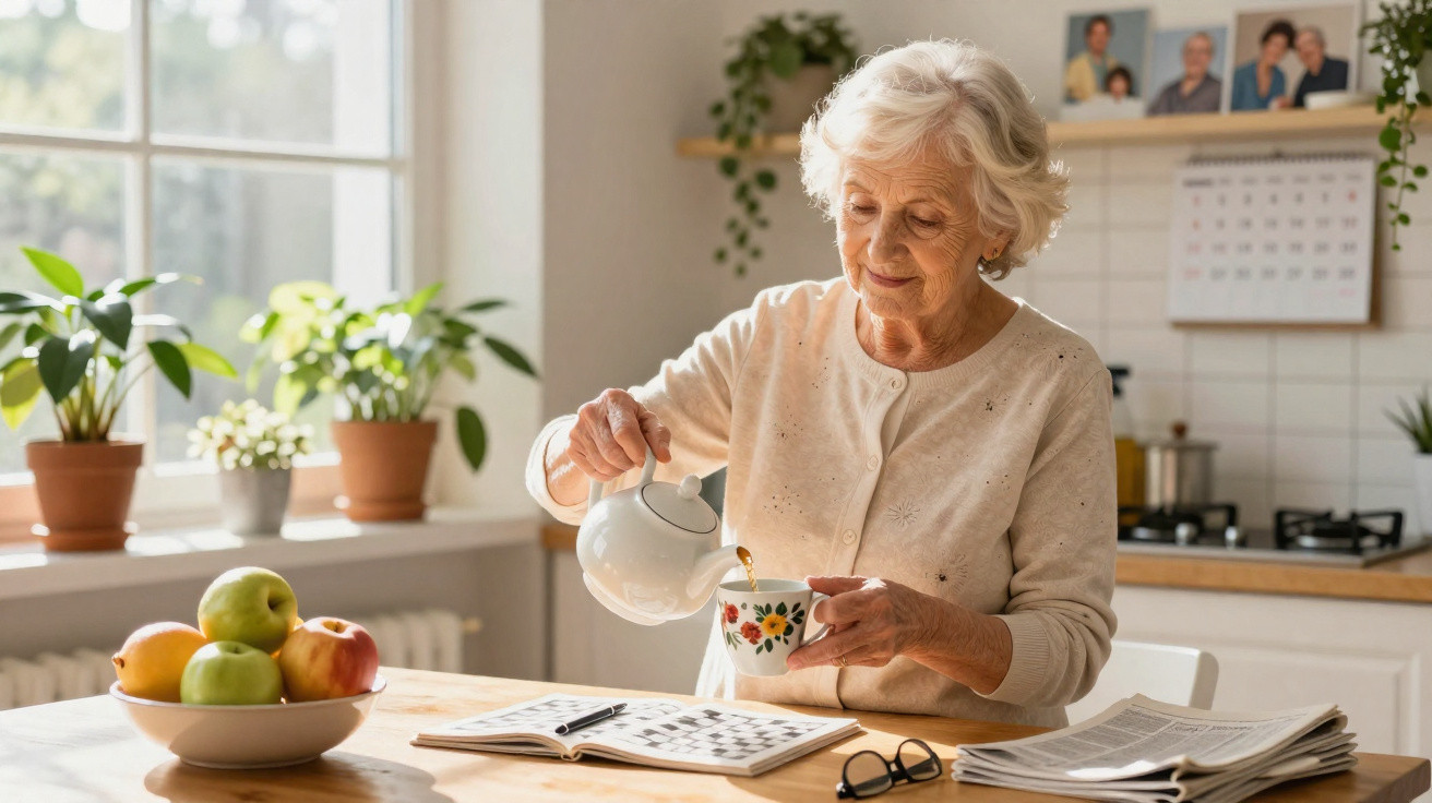 Senhora idosa na cozinha a servir chá, com frutas na mesa e uma revista aberta ao lado.