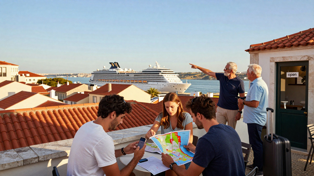 Grupo de turistas a planear viagem num terraço com vista para um cruzeiro no mar e casas com telhados vermelhos.