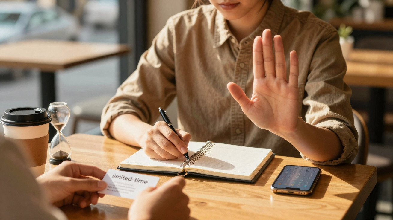 Pessoa sentada recusa cartão e levanta a mão enquanto escreve num caderno numa mesa com telefone e ampulheta.