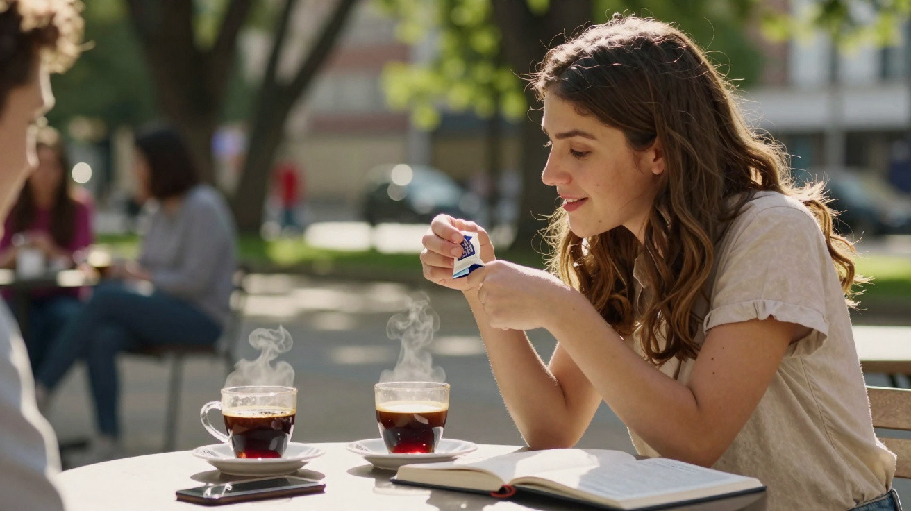 Jovem mulher a juntar açúcar ao café enquanto conversa com homem segurando um livro num café ao ar livre.
