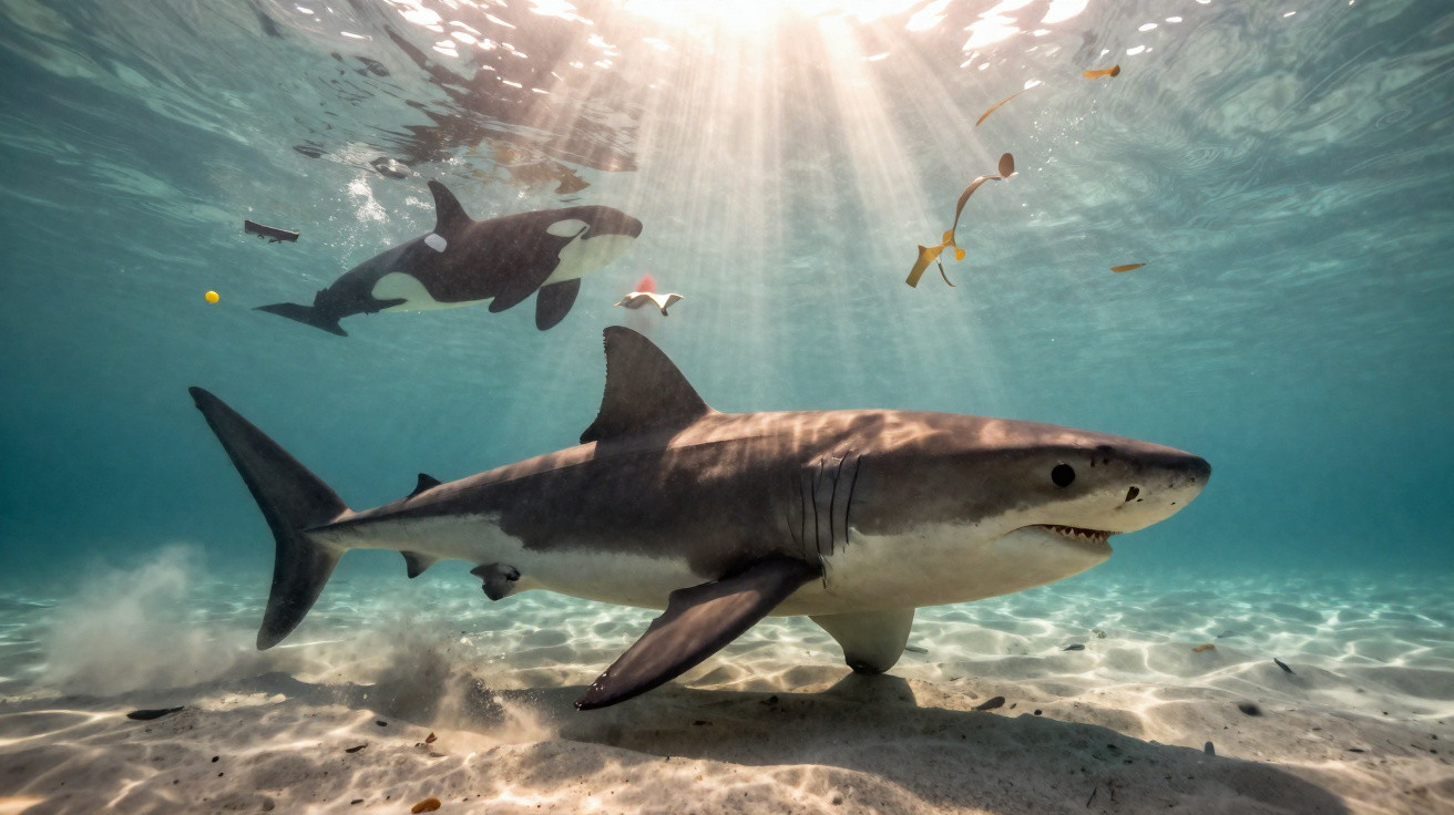 Tubarão e três orcas nadam perto do fundo marinho com reflexos de luz solar na água.