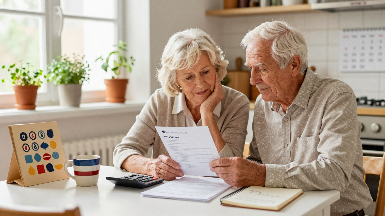 Casal sénior a analisar documentos financeiros numa cozinha, com calculadora e caderno sobre a mesa.