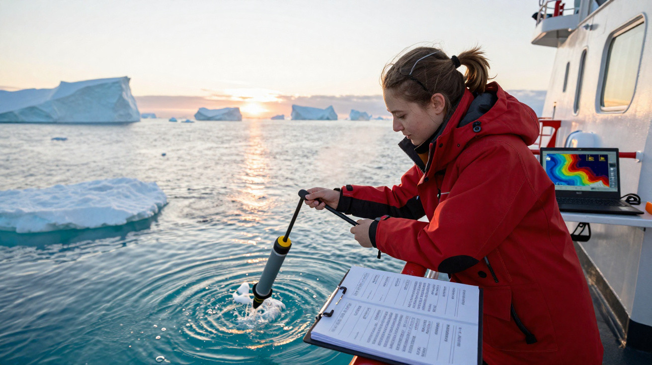 Investigadora a recolher amostras de água do mar num barco perto de icebergs ao pôr do sol.