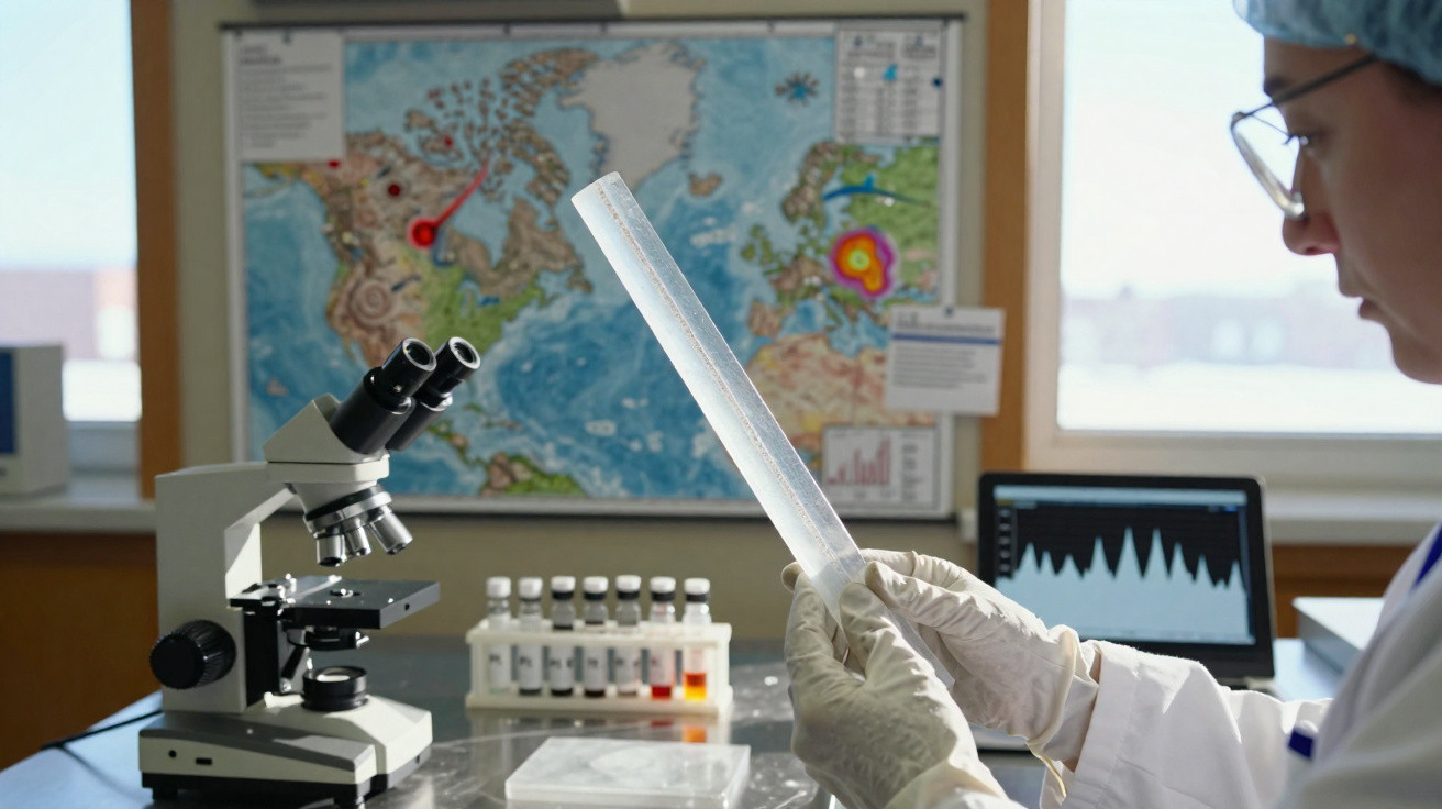 Cientista com luvas a segurar tubo de ensaio em laboratório com mapa e microscópio ao fundo.