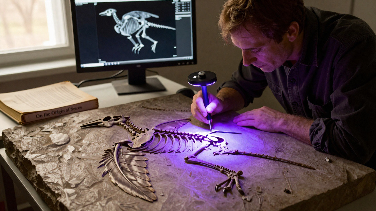 Cientista a examinar e restaurar fóssil de dinossauro antigo enquanto consulta esqueleto digital no computador.