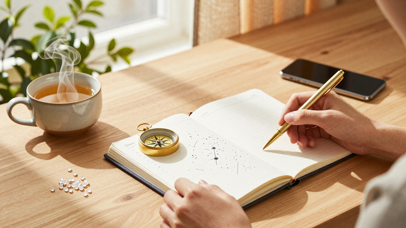 Pessoa a escrever num caderno com uma bússola, chá fumegante, e um telemóvel numa mesa de madeira.