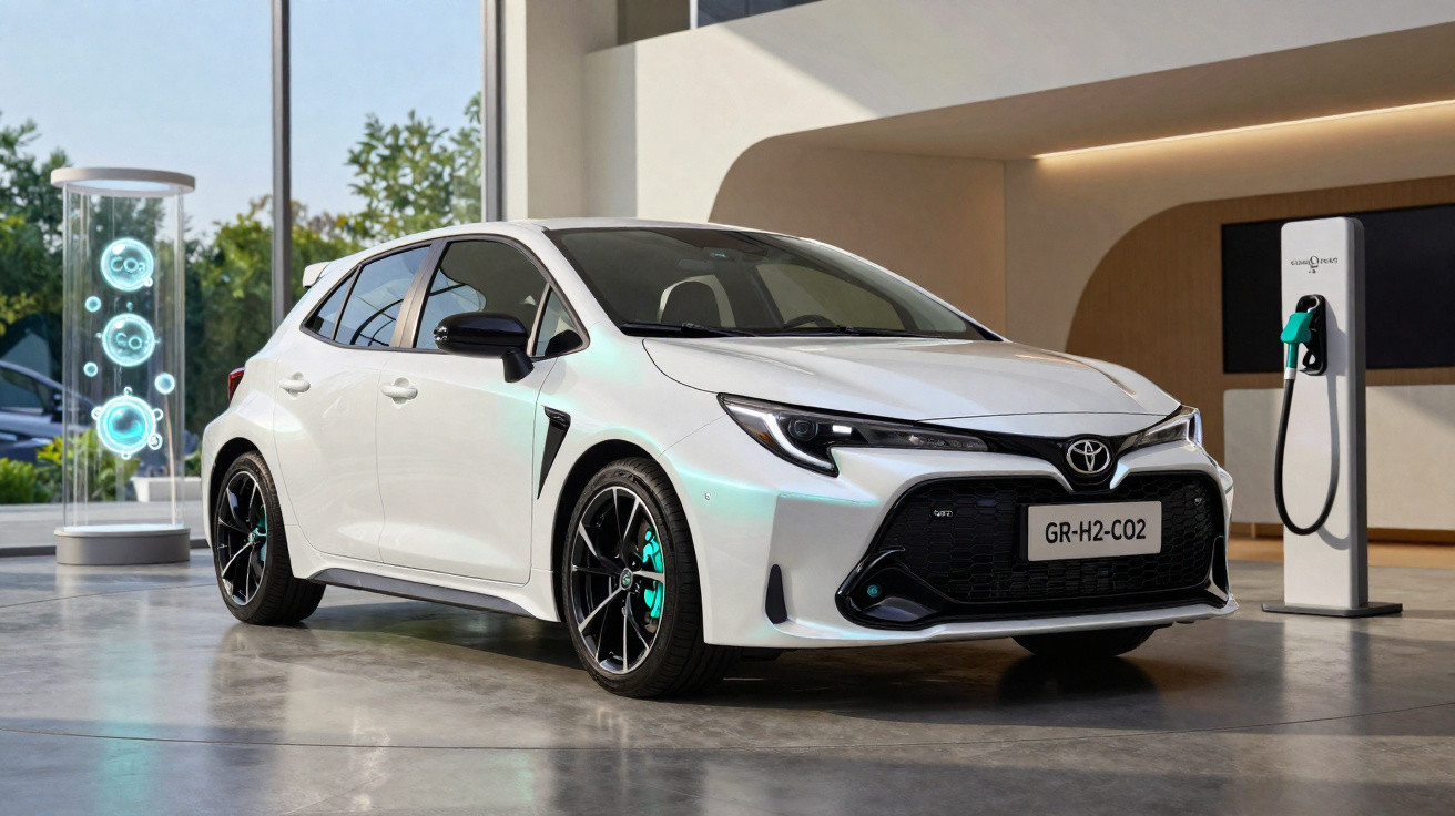 Carro branco Toyota híbrido estacionado junto a posto de carregamento de energia elétrica interior.