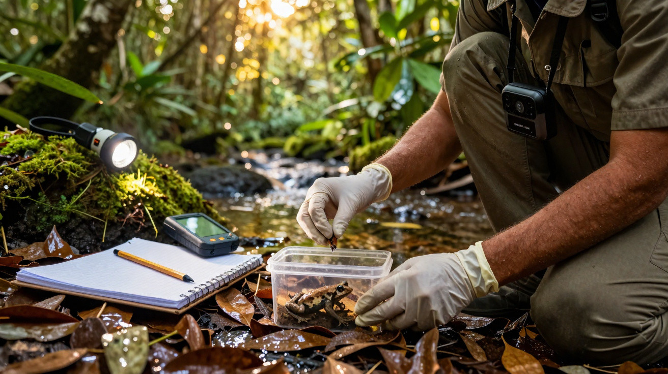 Cientista com luvas coleta amostras de rãs numa floresta tropical, junto a um caderno e equipamentos.