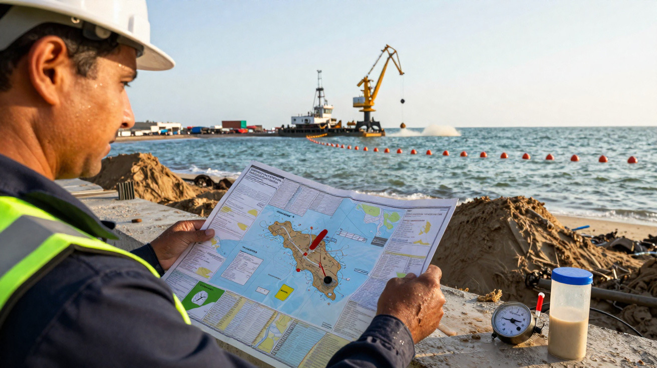 Homem de capacete e colete refletor a analisar um mapa numa praia com máquinas e um navio ao fundo.
