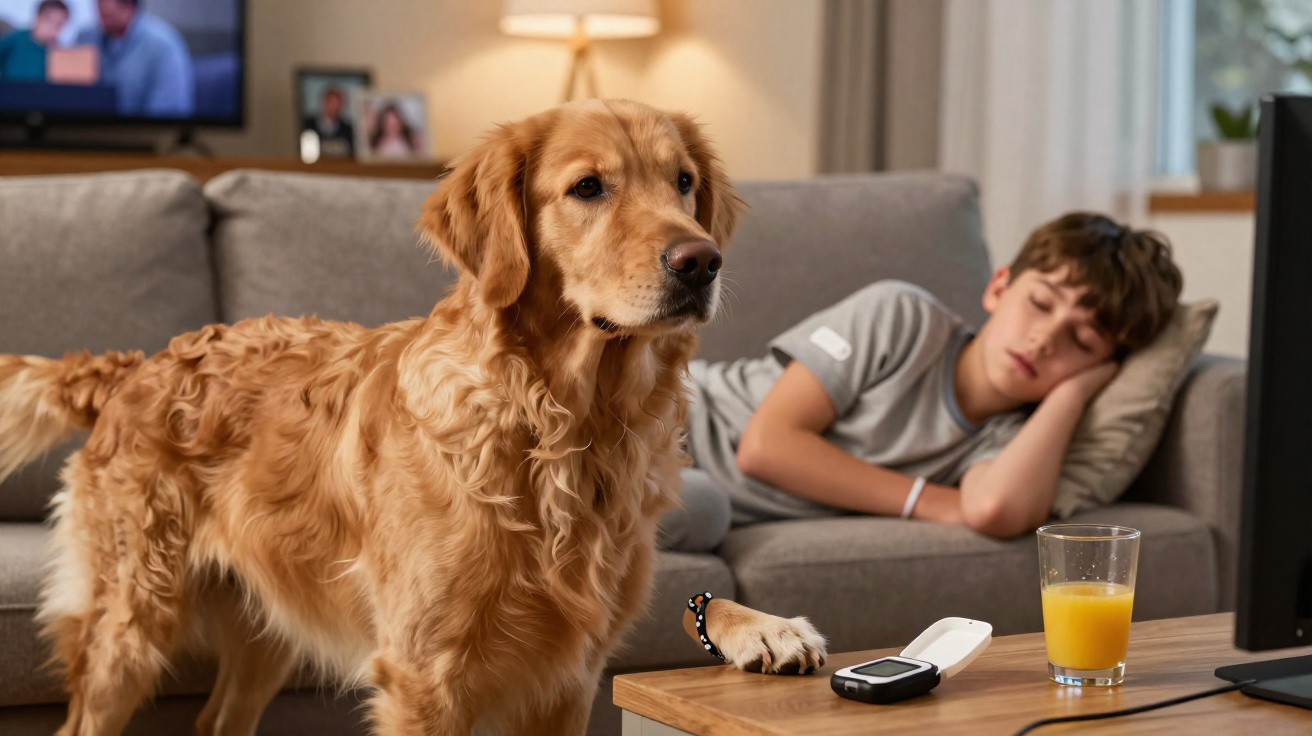 Criança de pijama deitada no sofá com um cão Golden Retriever perto e medidor de glicose na mesa.